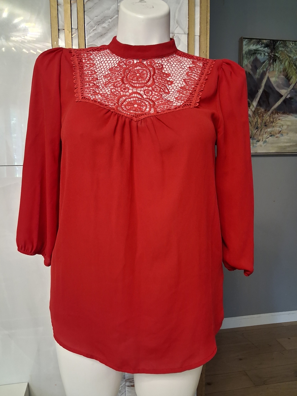 Red Lace Yoke Puff Sleeve Blouse